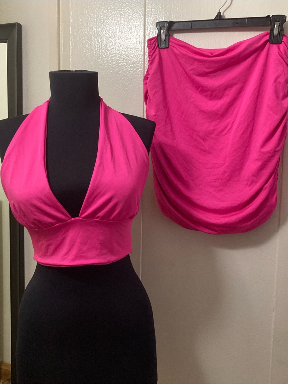 Shein Fuchsia Pink Ruched Skirt and Halter Top, Size L (8/10)